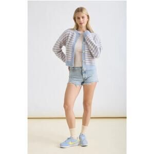 TW2085 STRIPE ROUND NECK BUTTON DOWN FUZZY KNIT CARDIGAN
